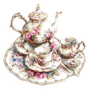 May include: A vintage tea set with a floral pattern. The set includes a teapot, two teacups, saucers, and a spoon. The teapot has a lid and a handle. The teacups have handles and are decorated with pink and blue flowers. The saucers are white with a gold trim. The spoon is silver.