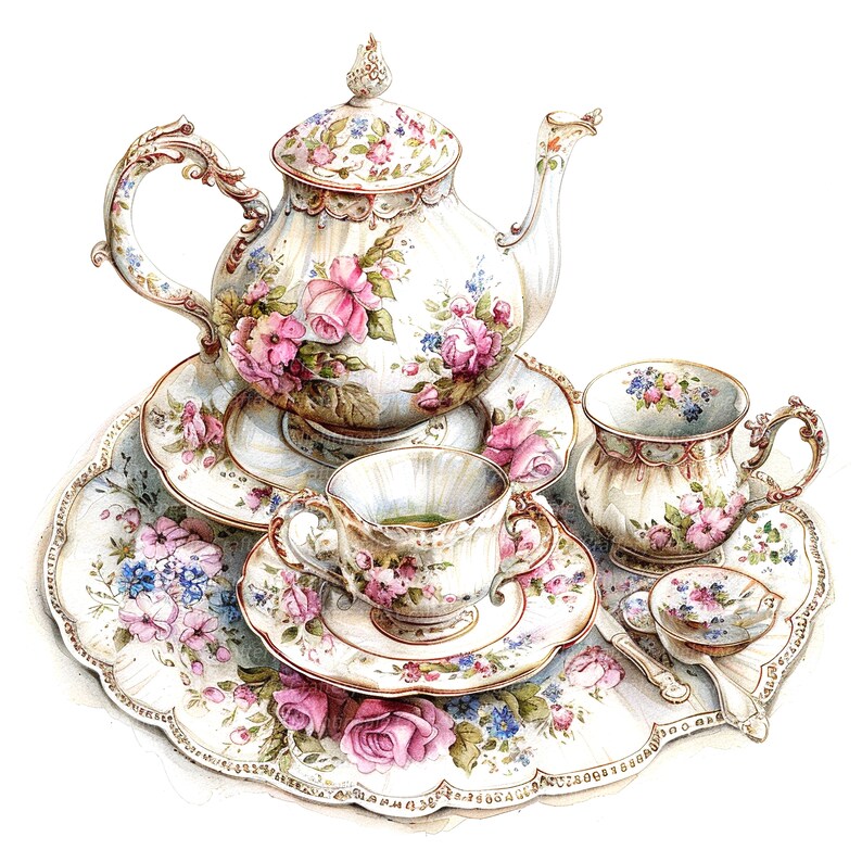 May include: A vintage tea set with a floral pattern. The set includes a teapot, two teacups, saucers, and a spoon. The teapot has a lid and a handle. The teacups have handles and are decorated with pink and blue flowers. The saucers are white with a gold trim. The spoon is silver.