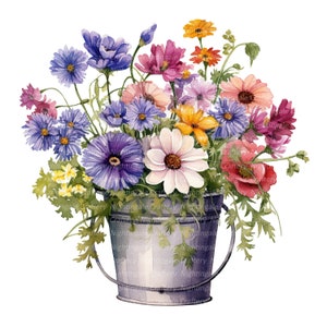 Clipart fleurs sauvages, fleurs sauvages dans un seau, clipart aquarelle imprimable, 10 fichiers JPG de haute qualité, téléchargement numérique, créations en papier, journal indésirable