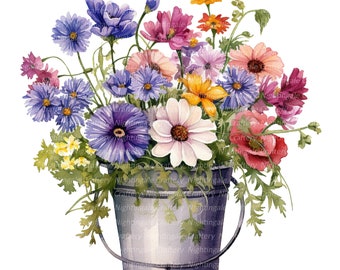 Op de afbeelding: Een boeket kleurrijke bloemen in een gegalvaniseerde metalen emmer. De bloemen omvatten roze, paarse, gele, witte en rode bloemen.