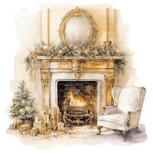 10 Weihnachten Kamin Clipart, Goldener Luxus, druckbare Aquarell Clipart, hochwertige JPGs, digitaler Download, Papiermodell, Junk Journals