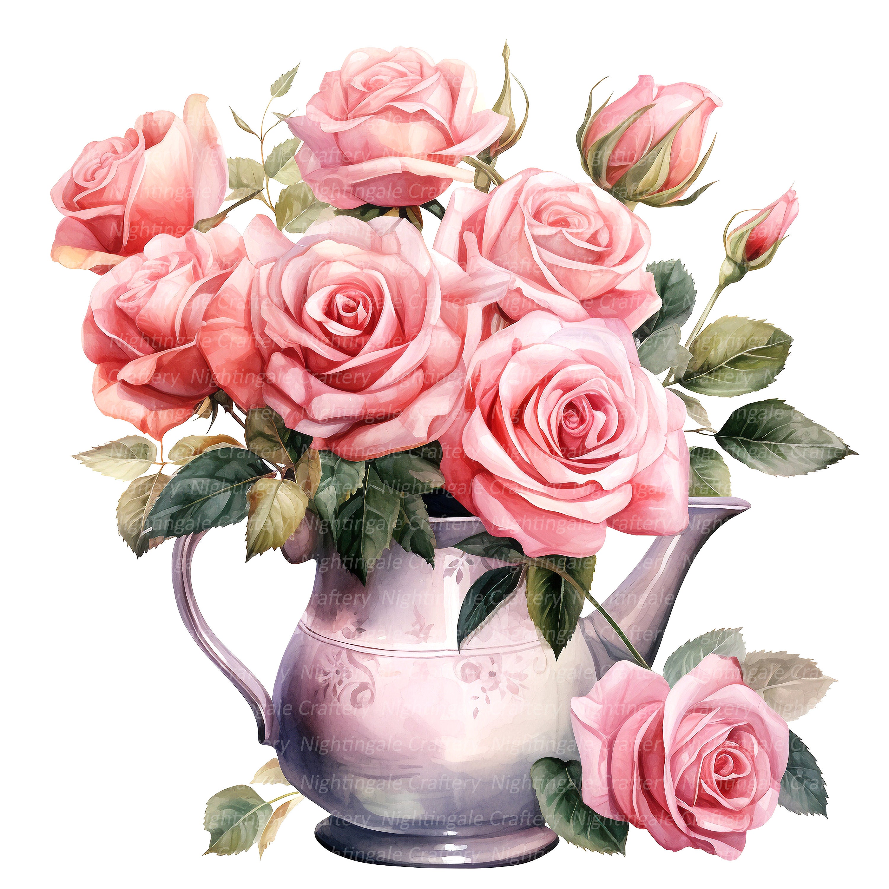 10 Pink Roses in Pot Clipart, Roses Bouquet, Printable Watercolor ...