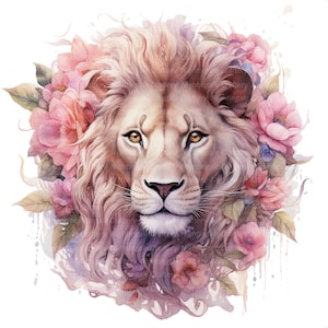 May include: A watercolor painting of a lion's face with a mane of soft, pink and purple hues. The lion is surrounded by pink and purple flowers, creating a whimsical and romantic atmosphere.