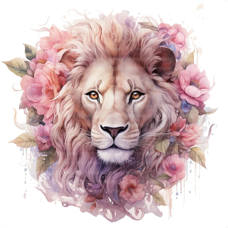 May include: A watercolor painting of a lion's face with a mane of soft, pink and purple hues. The lion is surrounded by pink and purple flowers, creating a whimsical and romantic atmosphere.