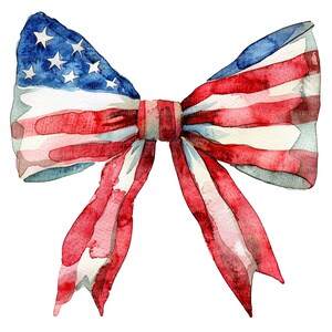 May include: A watercolor painting of a red, white, and blue bow with a patriotic theme. The bow is tied in a knot and the ends are flowing. The bow is painted in a realistic style and the colors are vibrant.
