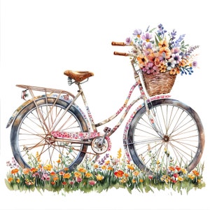 16 Vintage Blumen Fahrrad Clipart, Shabby Chic, druckbare Aquarell Clipart, hochwertige PNGs, digitaler Download, Papiermodell, Junk Journal