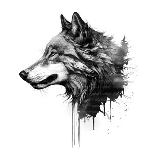 May include: A black and white illustration of a wolf's head with a watercolor background. The wolf's fur is detailed and the background is a splatter of black and gray.