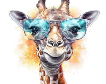 12 Cool Giraffe, Disco Giraffe Clipart, Afdrukbare aquarel clipart, Hoge kwaliteit JPG's, Digitale download, Papercraft, Ongewenste tijdschriften