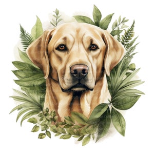 Może przedstawiać: Akwarela przedstawiająca głowę psa rasy golden retriever na tle zielonych liści.
