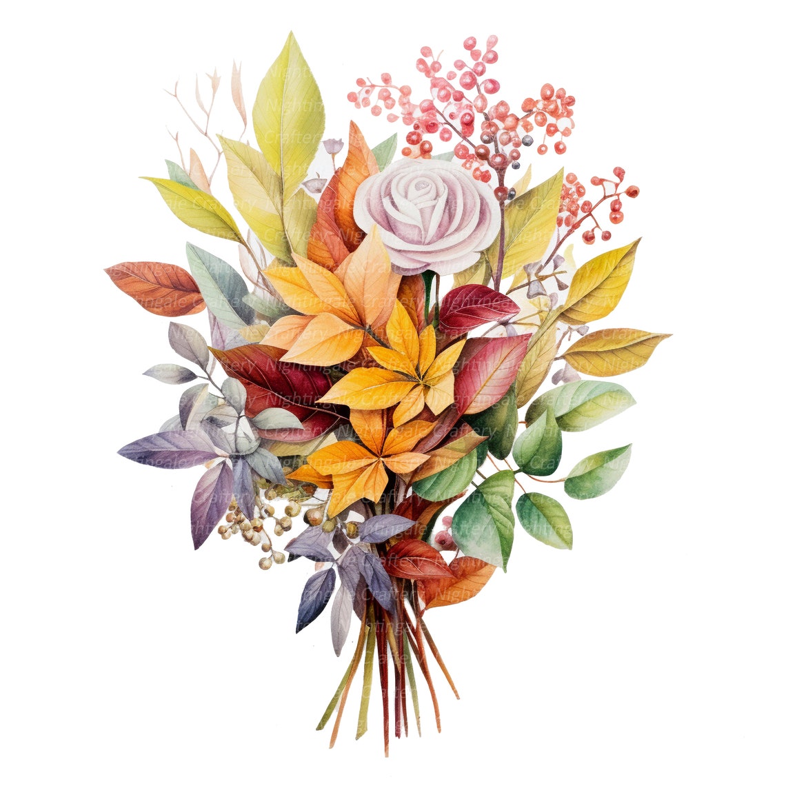 12 Autumn Leaves Bouquet Clipart, Fall Leaves, Printable Watercolor ...