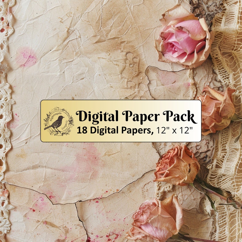 18 Dried Roses and Lace Texture Papers, 12 X 12 Digital Paper Pack ...