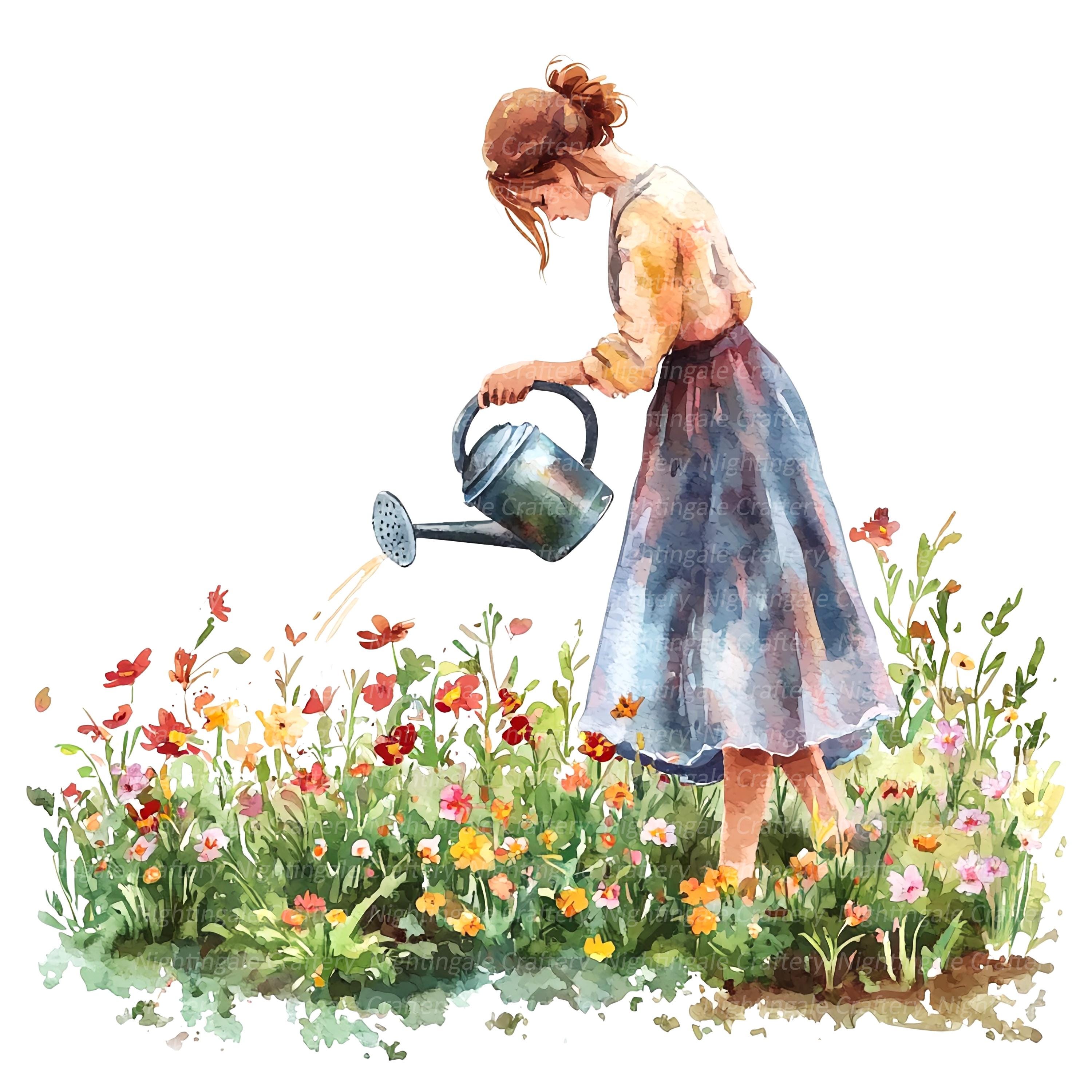 「花持ち 娘」水彩画 花に水をやる女性10人のイラストセット3、印刷可能な水彩画のイラスト