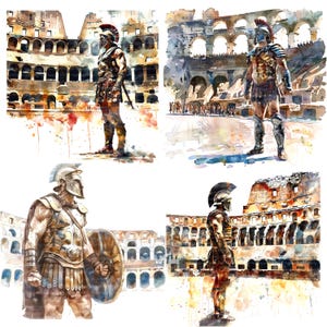 Op de afbeelding: Vier aquarellen van Romeinse gladiatoren in het Colosseum. De gladiatoren dragen harnassen en helmen en houden zwaarden en schilden vast. Het Colosseum is een groot, rond gebouw met veel bogen en kolommen.