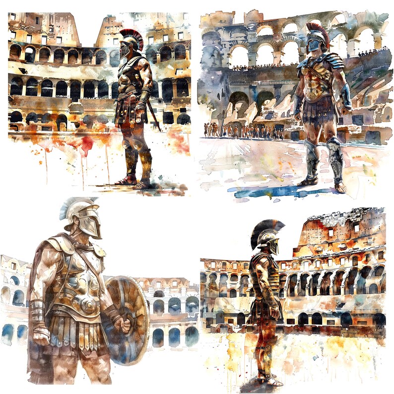 Op de afbeelding: Vier aquarellen van Romeinse gladiatoren in het Colosseum. De gladiatoren dragen harnassen en helmen en houden zwaarden en schilden vast. Het Colosseum is een groot, rond gebouw met veel bogen en kolommen.