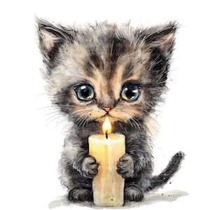 9 imágenes prediseñadas de gatito y vela, adorable gatito, imágenes prediseñadas de acuarela imprimibles, archivos JPG de alta calidad, descarga digital, manualidades de papel, diarios basura