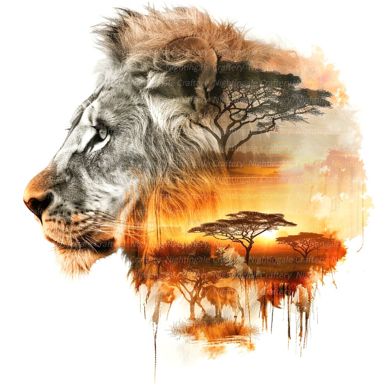 K&ouml;nnte beinhalten: Ein Profil eines L&ouml;wenkopfes mit einer &uuml;berlagerten Sonnenuntergangsszene der afrikanischen Savanne. Das Bild zeigt eine goldene M&auml;hne, B&auml;ume und Wildtiere, mit dem Text "Nightingale Craftery" dezent integriert.
