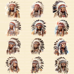 K&ouml;nnte beinhalten: Eine Sammlung von Aquarellportr&auml;ts von indianischen H&auml;uptlingen. Jedes Portr&auml;t zeigt einen H&auml;uptling mit einem traditionellen Federkopfschmuck mit roten, wei&szlig;en und blauen Akzenten. Die Portr&auml;ts sind vor einem neutralen Hintergrund platziert.