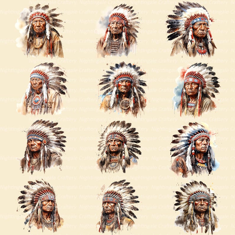 K&ouml;nnte beinhalten: Eine Sammlung von Aquarellportr&auml;ts von indianischen H&auml;uptlingen. Jedes Portr&auml;t zeigt einen H&auml;uptling mit einem traditionellen Federkopfschmuck mit roten, wei&szlig;en und blauen Akzenten. Die Portr&auml;ts sind vor einem neutralen Hintergrund platziert.