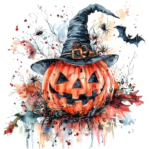 Könnte beinhalten: Aquarell-Illustration eines Halloween-Kürbisses mit geschnitztem Gesicht, der einen Hexenhut trägt. Das Bild zeigt Spinnen, Äste und eine Fledermaus mit roten und schwarzen Aquarellakzenten. Das Kunstwerk hat ein gruseliges Thema.