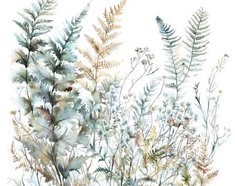 May include: Watercolor painting of a bouquet of ferns and wildflowers in shades of green, brown, and white. The ferns have delicate fronds and the wildflowers have small, delicate blooms.