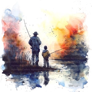 9 Imágenes prediseñadas de pesca de padre e hijo, pintura de pesca, imágenes prediseñadas de acuarela imprimibles, JPG de alta calidad, descarga digital, artesanía de papel, diario basura