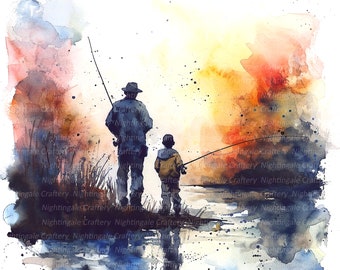 9 Father Son Fishing Clipart, Fishing Painting, Printable Watercolor clipart, High Quality JPGs, Digital download, Paper craft, Junk Journal