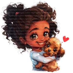 10 cliparts fille noire et chiot, fille Chibi, clipart aquarelle imprimable, fichiers JPG de haute qualité, téléchargement numérique, créations en papier, journal indésirable