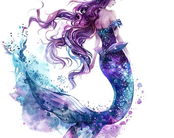 10 Purple Mermaid Clipart, Cartoon Mermaid, Printable Watercolor clipart, High Quality JPGs, Digital download, Paper craft, junk journals