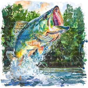 10 imágenes prediseñadas de lubina saltarina, imágenes prediseñadas de pescado, pez lubina, imágenes prediseñadas de acuarela imprimibles, JPG de alta calidad, descarga digital, artesanía de papel, diario