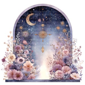 May include: Watercolor illustration of a celestial archway with a night sky background. Features a crescent moon, stars, and floral arrangements in shades of pink, purple, and cream. The archway is framed by flowers and foliage.
