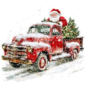 9 Pickup truck i Święty Mikołaj Clipart, Boże Narodzenie, Wydrukowalne akwarelowe clipart, Wysokiej jakości PNG, Pobieranie cyfrowe, Rękodzieło papierowe, dziennik