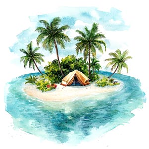 12 Lonely Island clipart, Camping Island, afdrukbare aquarel clipart, hoge kwaliteit jpg's, digitale download, Papercraft, tijdschriften