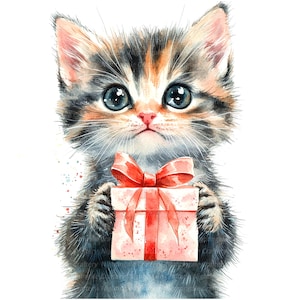 10 Kätzchen mit Geschenk Clipart, Geburtstagskarte, druckbare Aquarell Clipart, hochwertige JPGs, digitaler Download, Papiermodell, Junk Journals