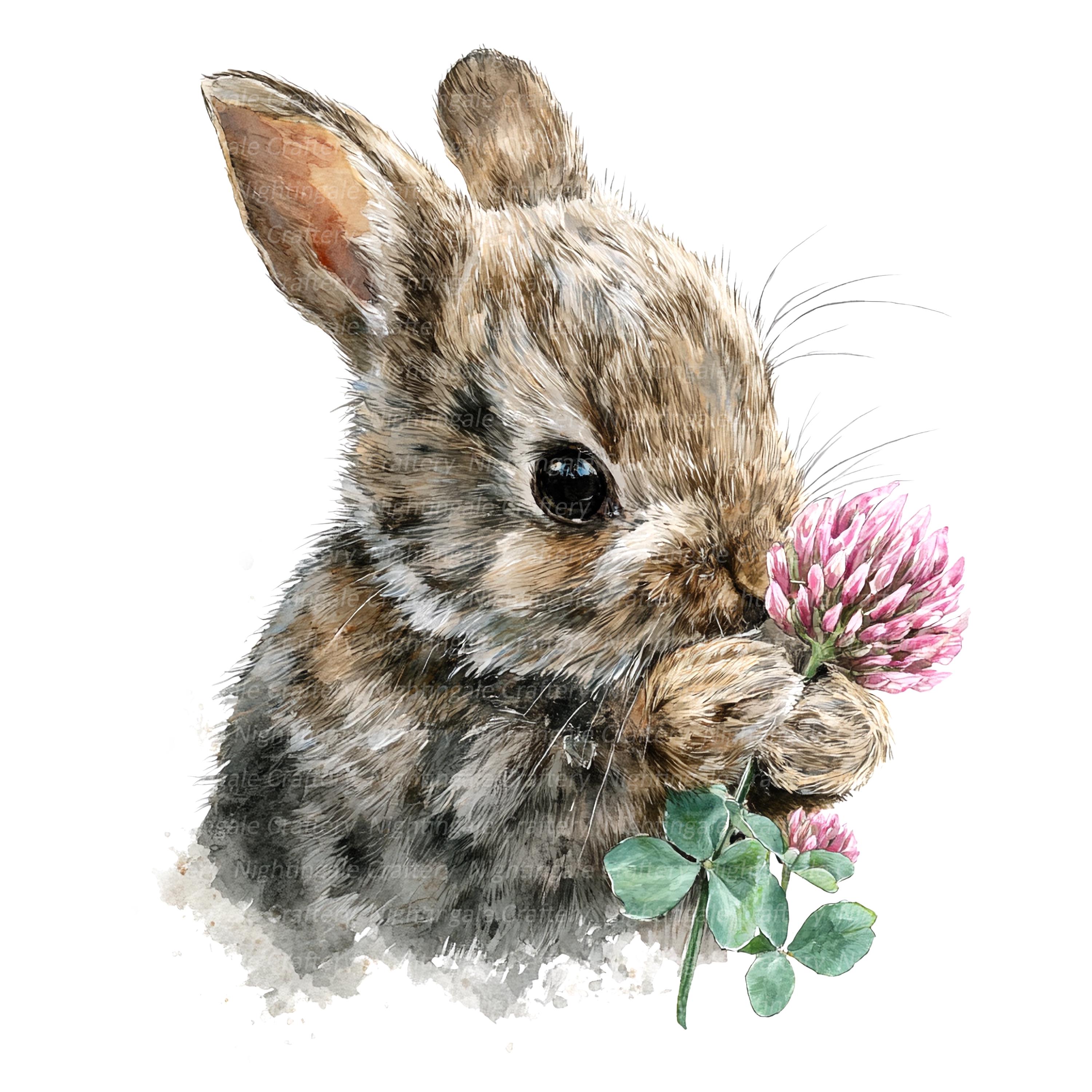 12 Bunny and Flower Clipart, Clover Clipart, Printable Watercolor ...