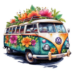 10 Floral Hippie Bus Clipart, Hippie Van, Printable Watercolor clipart, High Quality JPGs, Digital download, High Resolution, Paper craft image 2