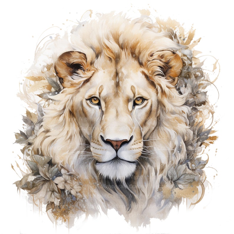 May include: A close-up portrait of a white lion with a golden mane. The lion's face is framed by delicate watercolor flowers and leaves in shades of gray and gold.