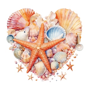 May include: A watercolor painting of a heart shape made of seashells and a starfish in the center. The seashells are in various shades of pink, orange, and white. The starfish is orange and has a textured surface.