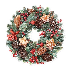 Watercolor Christmas Wreath Clipart: Gingerbread, Pine Cones (Digital Download)