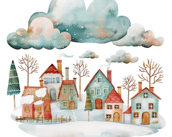 10 Cartoon Village Clipart, Snowy Village Clipart, Nursery, Printable Watercolor clipart, High Quality JPGs, Digital download, Paper crafts