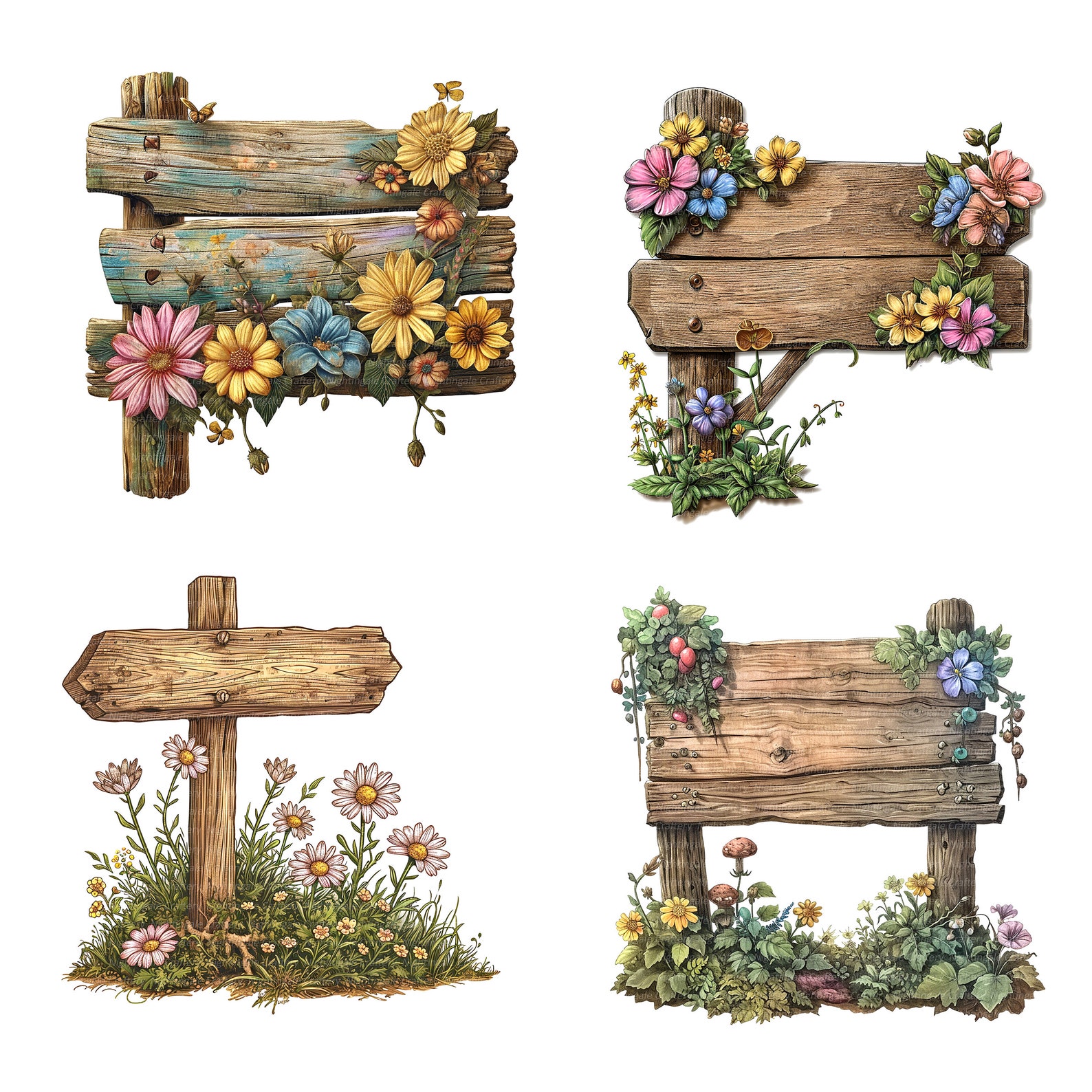 20 Wooden Signs Clipart, Floral Road Sign, Printable Watercolor Clipart ...