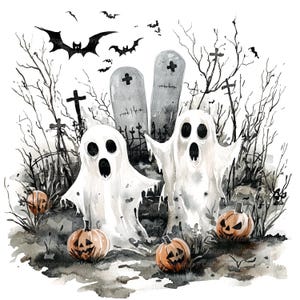 14 Clipart cimetière Halloween, carte d'Halloween, clipart aquarelle imprimable, fichiers JPG de haute qualité, téléchargement numérique, créations en papier, journal indésirable