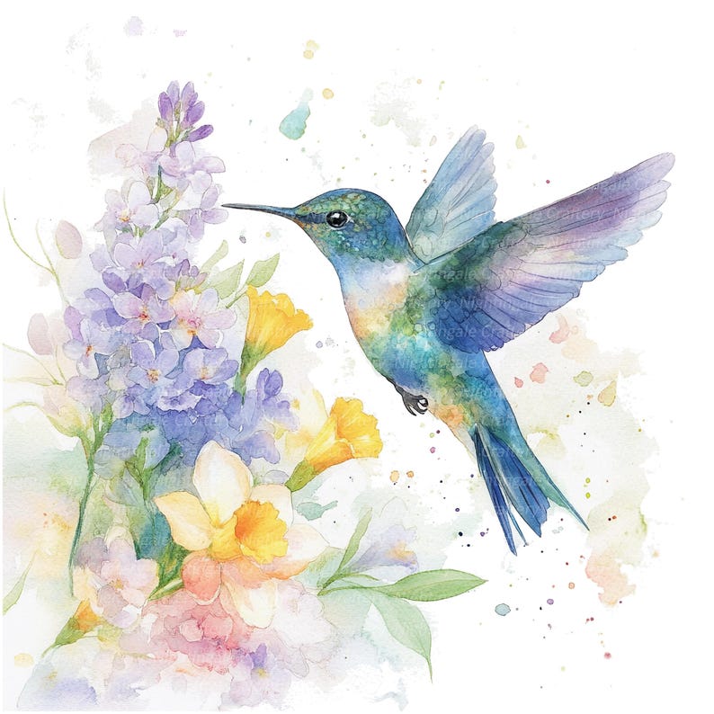 Puede incluir: Una pintura de acuarela de un colibr&iacute; en vuelo, con las alas extendidas. El colibr&iacute; es azul y verde con un pico largo y delgado. Est&aacute; volando hacia un grupo de flores moradas y amarillas. El fondo es un blanco suave con salpicaduras de acuarela.
