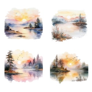 Puede incluir: Cuatro acuarelas que representan serenos paisajes lacustres con orillas boscosas y amaneceres. Cada pintura presenta una composici&oacute;n diferente de &aacute;rboles, agua y cielo, con una est&eacute;tica suave y de ensue&ntilde;o.
