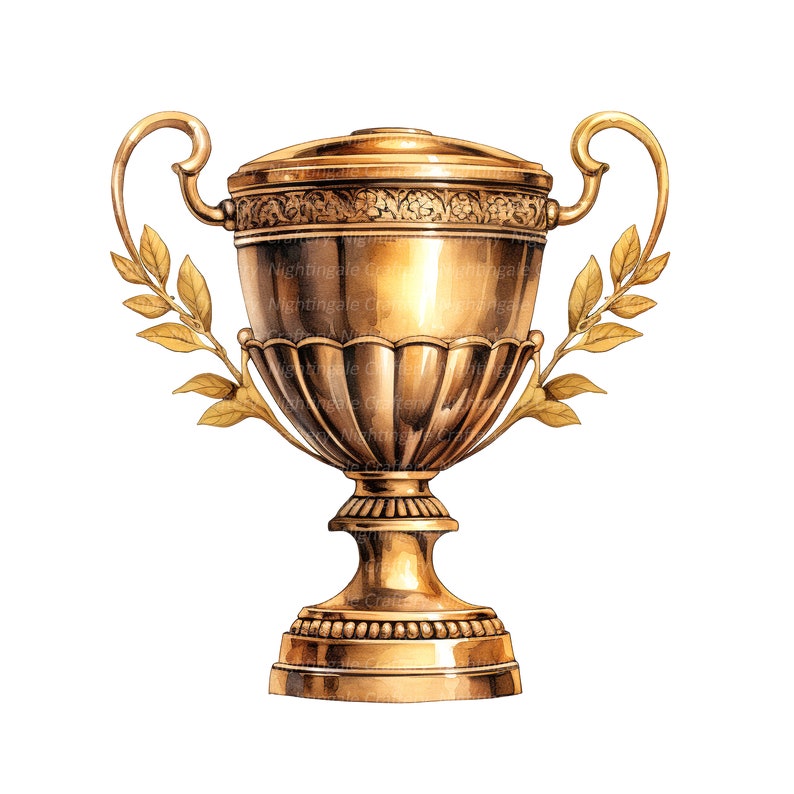 May include: A gold trophy cup with a laurel wreath on each side. The cup has a round base and a tall, slender body with a decorative design.