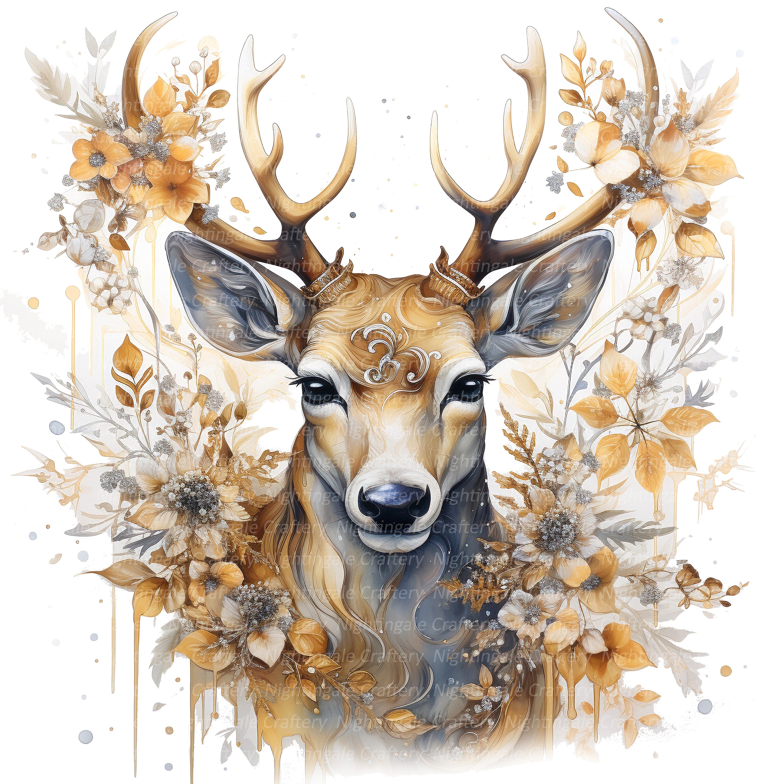10 Golden Christmas Deer Clipart, Reindeer, Elk, Printable Watercolor ...