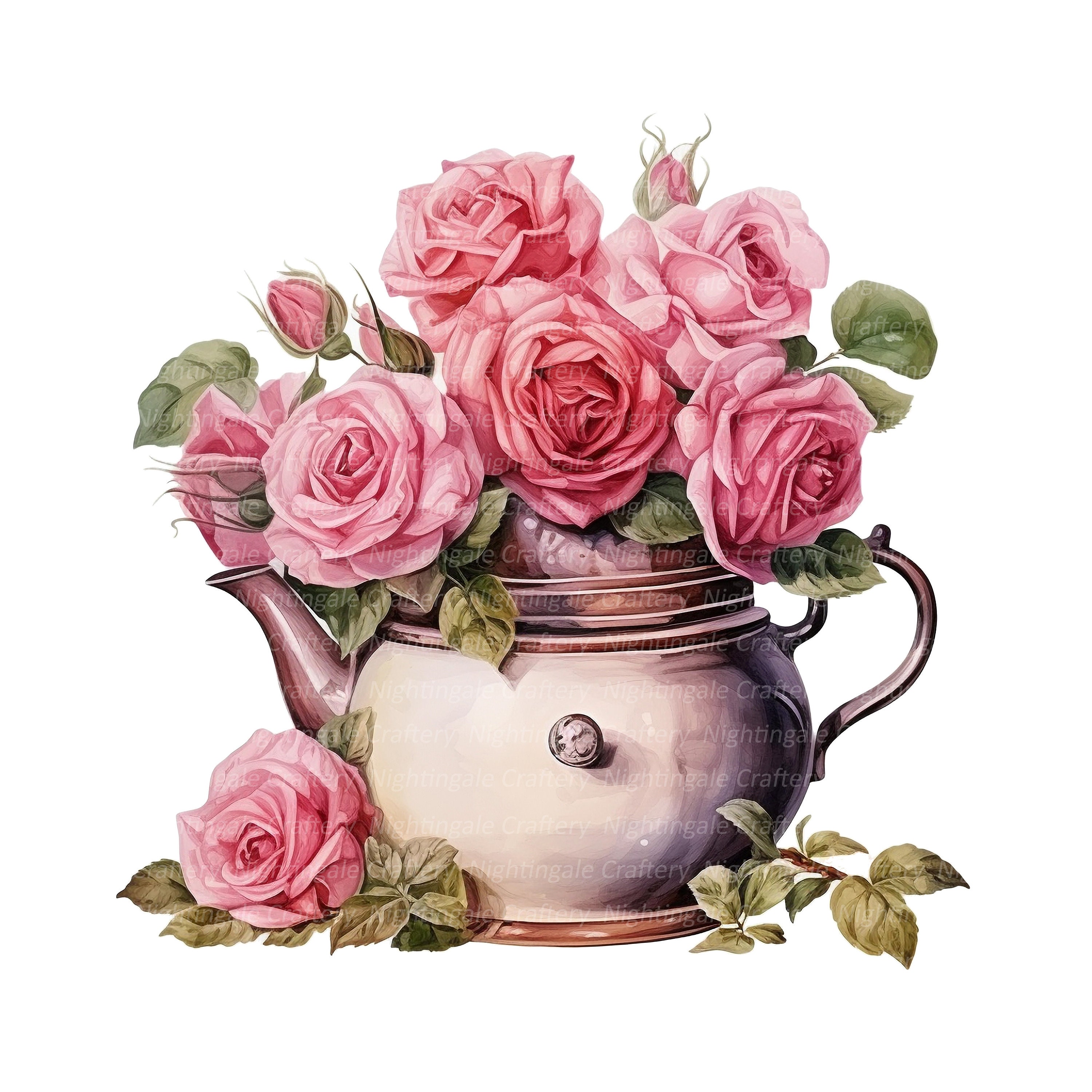 10 Pink Roses in Pot Clipart, Roses Bouquet, Printable Watercolor ...