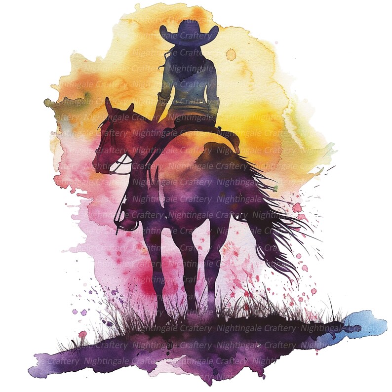 May include: A watercolor painting of a woman riding a horse. The woman is wearing a cowboy hat and the horse is silhouetted against a colorful background of yellow, orange, pink, and purple.