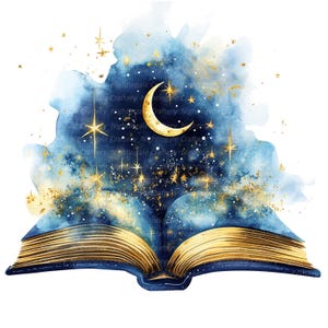 10 Starry Night Storybook, clipart de livro mágico, clipart de aquarela para impressão, JPGs de alta qualidade, download digital, artesanato em papel, diários