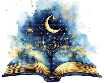10 Sternennacht Märchenbuch, Magische Buch Clipart, druckbare Aquarell Clipart, hochwertige PNGs, digitaler Download, Papiermodell, Tagebücher