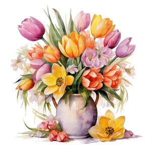 10 Spring Flowers in Vase Clipart, Tulips, Printable Watercolor Clipart ...
